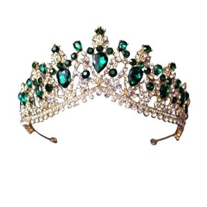 Bridal Tiara crown green emerald crystal rhinestones gold plated